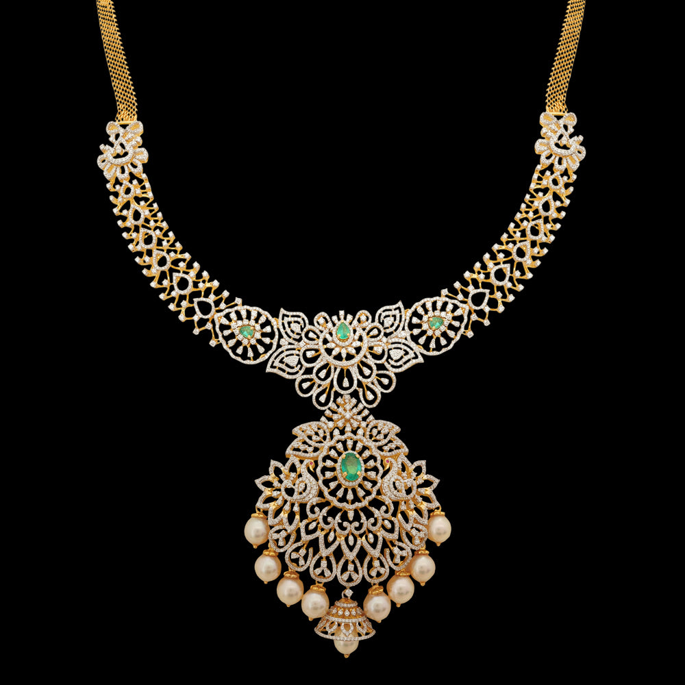 Diamond Necklace (Long Haaram) and (Chandbali/studs) Earrings Set with interchangeable Emeralds and Rubies