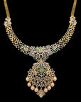 Diamond Necklace (Long Haaram) and (Chandbali/studs) Earrings Set with interchangeable Emeralds and Rubies