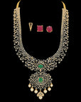 3-in-1 Changeable Natural Emerald/Ruby and Diamond Haaram and Pendant with Pearl Drops