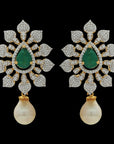 Gold  Diamond Necklace  Earrings Set with interchangeable Emeralds  Rubies Finished with Pearl Drops