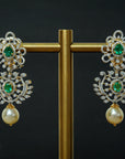 2-in-1 Telugu Design Diamond Jhumkas with changeable Natural Emeralds/Rubies and Pearl Drops