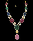 2-in-1 Natural Carved Ganesh Emerald, Ruby, Blue Sapphire and Diamond Necklace, Pendant with Pearls and Earring Set