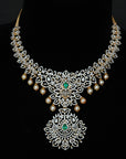 3-in-1 Diamond Necklace with changeable Natural  Emeralds/Rubies and Pearl Drops