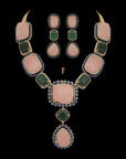 2-in-1 Diamond Necklace and Pendant with Natural Carved Emerald, Morganite and Sapphire With Earring