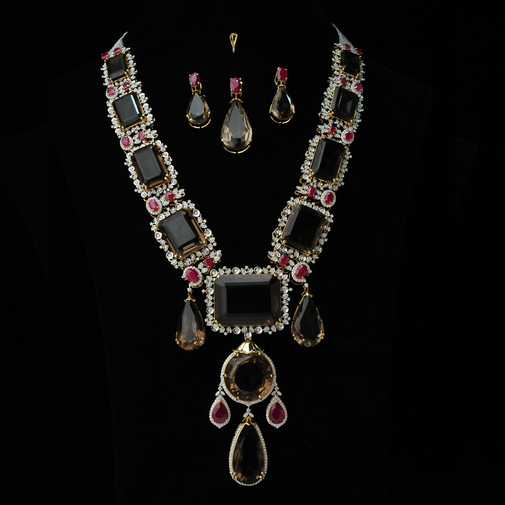 3-in-1 Diamond Necklace and Pendant with Natural Rubies and Topaz