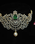 Designer Diamond Choker Necklace with changeable Natural Emeralds/Rubies and Pearl Drops