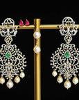 2 In 1 Diamond Earrings with changeable Natural Emeralds /Rubies and Pearl Drops