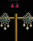 Diamond Earrings with changeable Natural Emeralds/Rubies and Pearl Drops