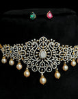 Diamond Choker Necklace with changeable Natural Emeralds/Rubies and Pearl Drops