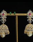 Diamond Jhumkas with changeable Natural Emeralds/Rubies and Pearl Drops