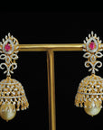 Diamond Jhumkas with changeable Natural Emeralds/Rubies and Pearl Drops