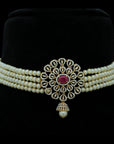 Diamond Choker with Natural Emeralds/Rubies and Pearl Drops