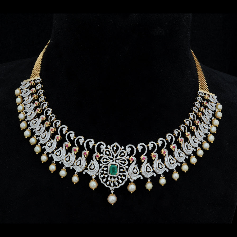 5 In 1 Diamond Necklace With Natural Emeralds/Rubies And Pearl Drops