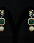 3 In 1 Diamiond Earrings With Natural Emeralds And Pearl Drops