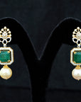 3 In 1 Diamiond Earrings With Natural Emeralds And Pearl Drops