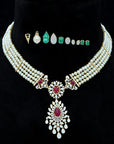 Diamond Necklace With Changeable Natural Emeralds/Rubies And Pearls