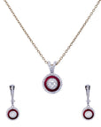 Red Enamel Halo Diamond Pendant Earrings Set