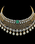 Gold  Diamond Necklace  Earrings Set with interchangeable Emeralds  Rubies Finished with Pearl Drops