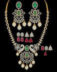 Emerald, Ruby and Diamond Studded 18K Gold Necklace and Earrings Set