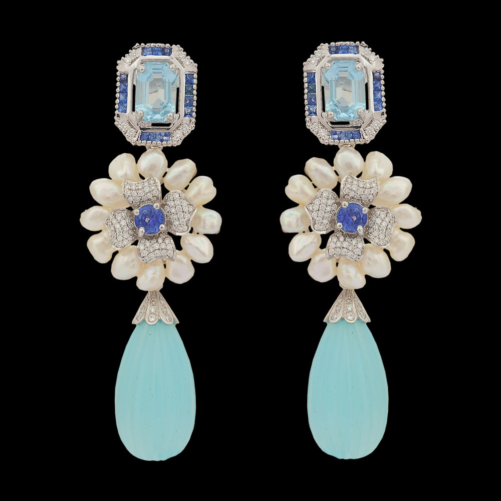 Diamond, Aqua  Sapphire Necklace  Earrings (Cevipogulu) Set