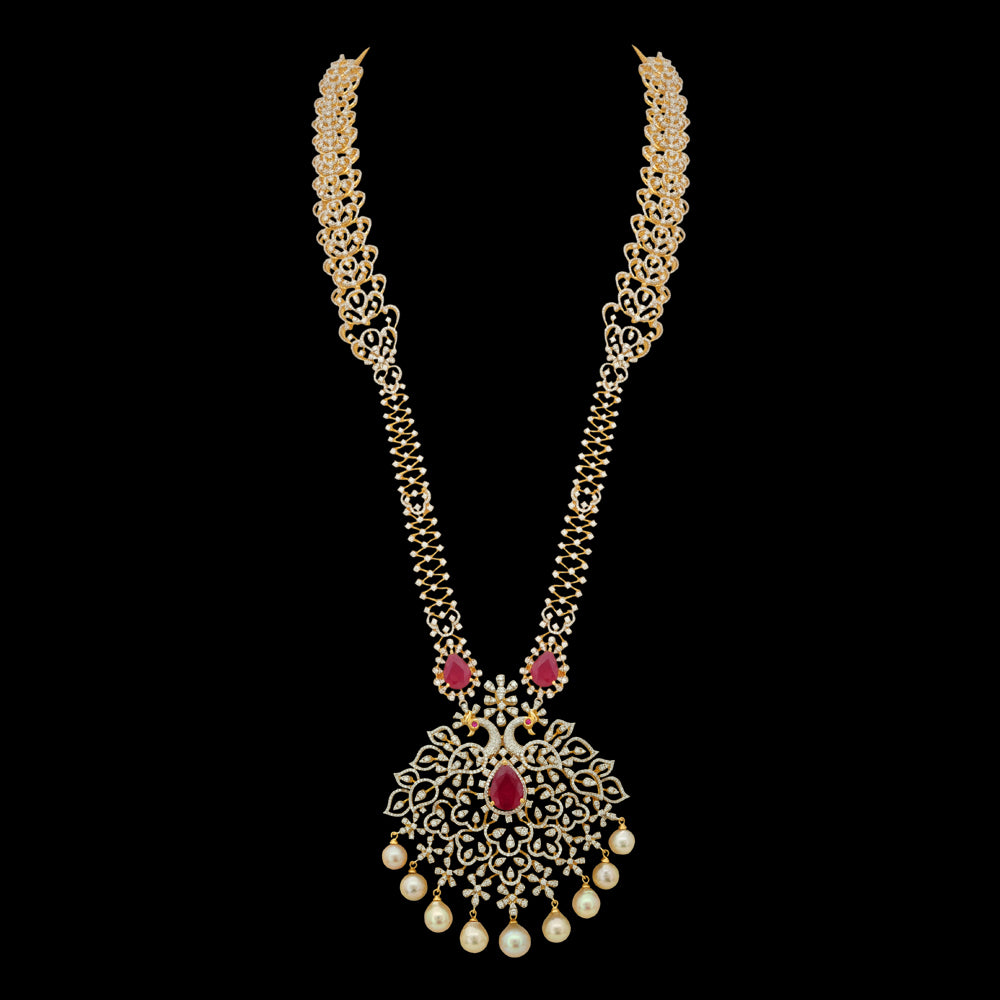 Necklace with Hanging Pearls and Encrusted Diamonds