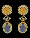 Diamond Earrings with Carved Natural Tanzanite and Sapphires with Pearls.