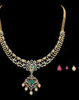 2-in-1 Natural Emerald/Ruby and Diamond Necklace and Pendant with changeable Pearl Drops