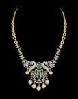 Emerald, Ruby and Diamond Studded 18K Gold Necklace and Earrings Set