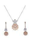 Two-Tone Diamond Floral Pendant Earring Set