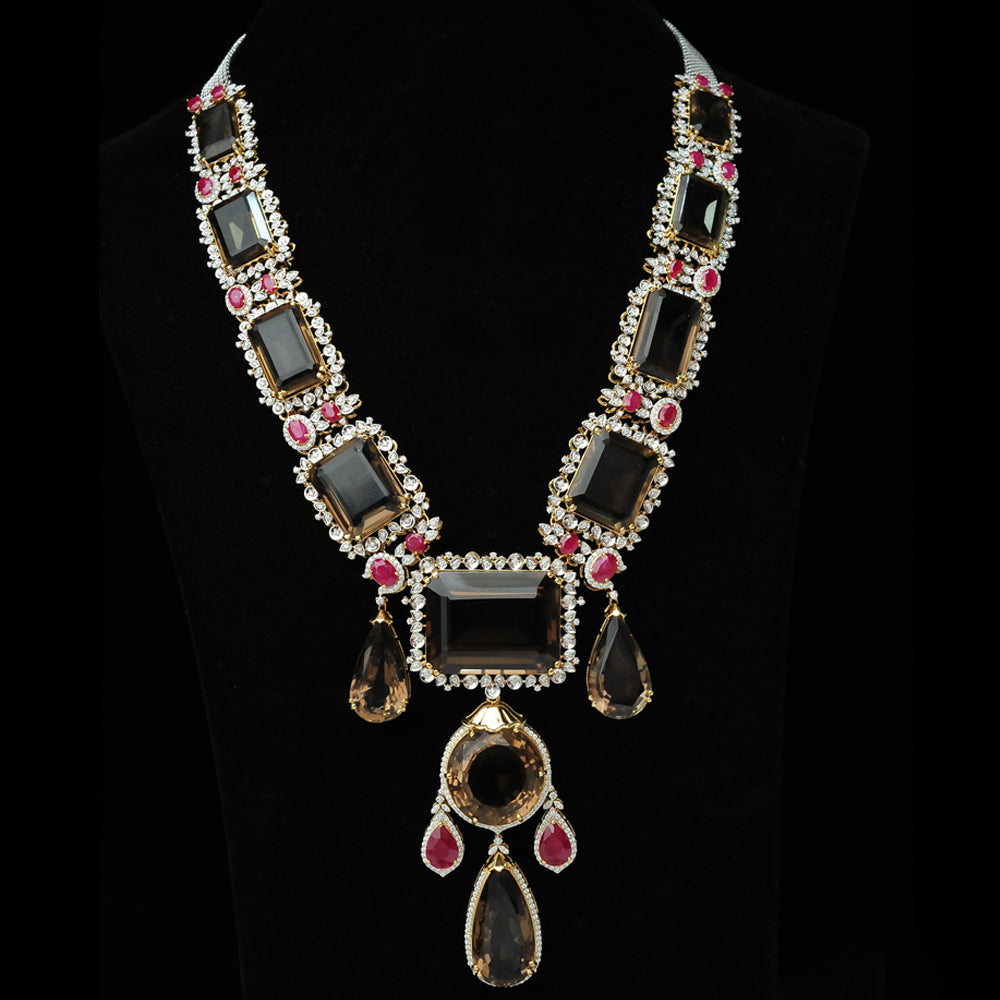 3-in-1 Diamond Necklace and Pendant with Natural Rubies and Topaz