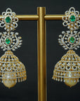 2-in-1 Telugu Design Diamond Jhumkas with changeable Natural Emeralds/Rubies and Pearl Drops