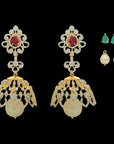 2-in-1 Natural Ruby/Emerald and Diamond Earrings with Pearl Drops