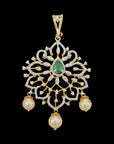 2-in-1 Natural Emerald/Ruby and Diamond Necklace and Pendant with changeable Pearl Drops