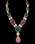 2-in-1 Natural Carved Ganesh Emerald, Ruby, Blue Sapphire and Diamond Necklace, Pendant with Pearls and Earring Set