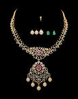 4-in-1 Natural Ruby/Emerald and Diamond Necklace and Pendant with Pearl Drops