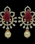 3-in-1 Natural Ruby/Emerald and Diamond Earrings with Pearl Drops