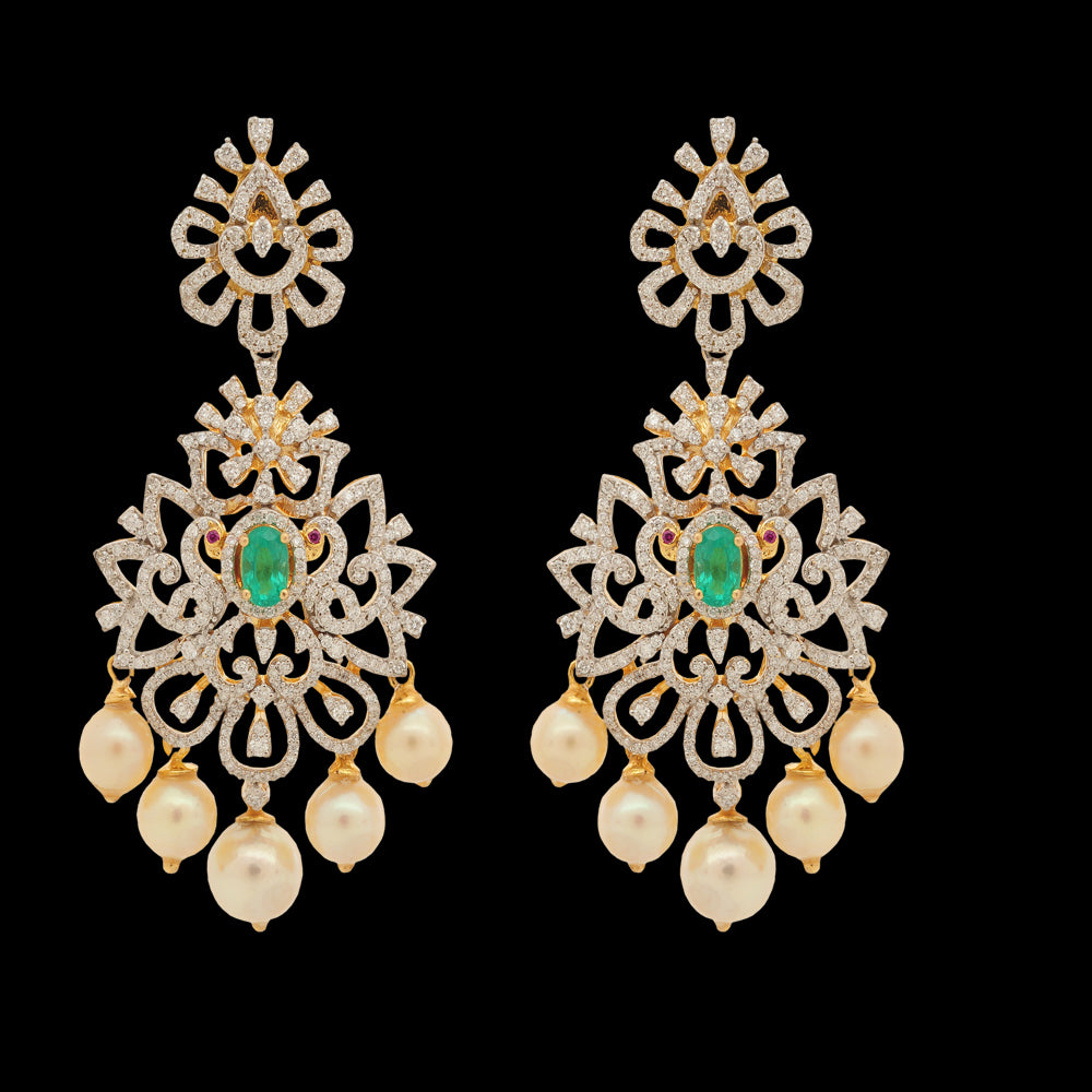 Diamond Necklace (Long Haaram) and (Chandbali/studs) Earrings Set with interchangeable Emeralds and Rubies