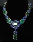 Diamond Necklace With Natural Blue Bead Sapphires And Emeralds With Earring Set