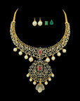 2-in-1 Diamond Necklace and Pendant with Changeble Natural Emerald/Ruby and Pearl Drops