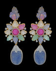 Diamond Earrings with Natural Carved Emerald, Ruby, Tanzanite and Changeble Pearl Drops