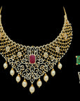 2-in-1 Choker Necklace and Chandbali Hoop Earrings Set with Detachable Pendant and Interchangeable Emeralds and Rubies