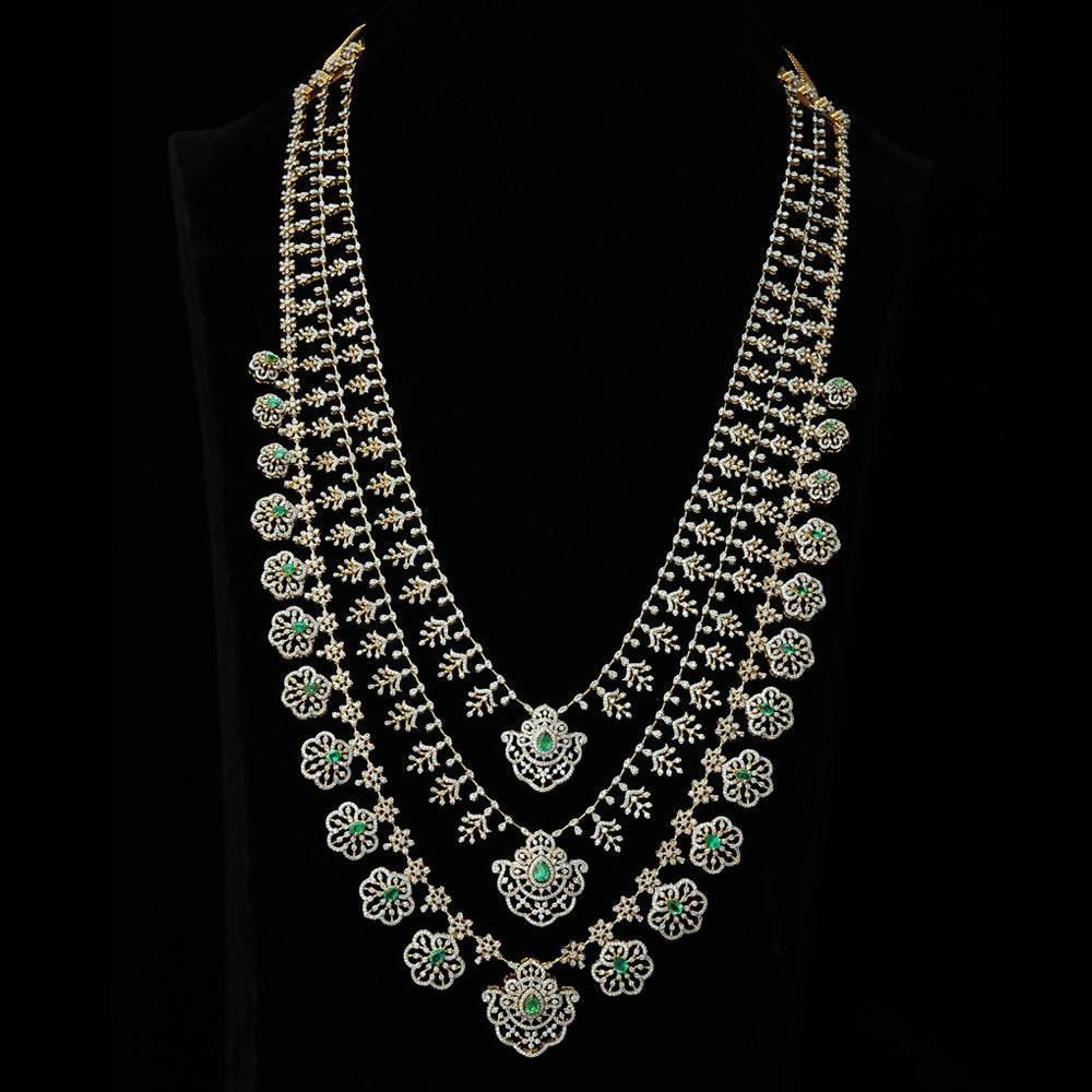 4-in-1 Bridal Layered Diamond Haaram Necklace with changeble Natural Emeralds/Rubies