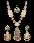 2-in-1 Natural Carved Buddha Tourmaline, Tanzanite and Diamond Haaram, Pendant and Earrings Set