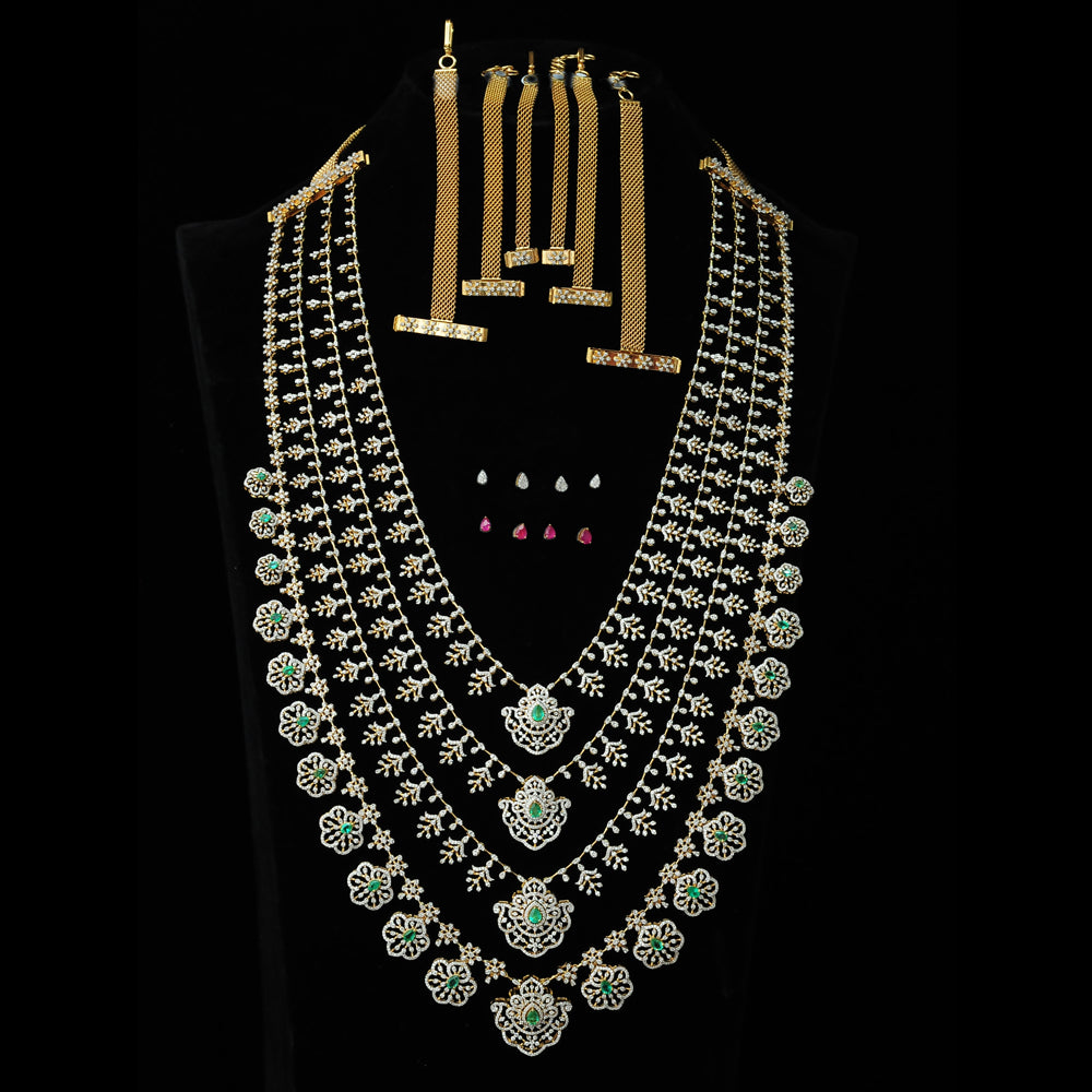 4-in-1 Bridal Layered Diamond Haaram Necklace with changeble Natural Emeralds/Rubies