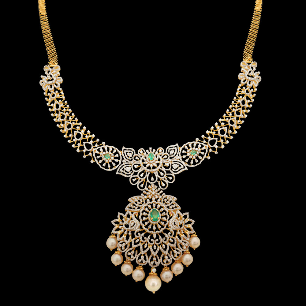 Diamond Necklace (Long Haaram) and (Chandbali/studs) Earrings Set with interchangeable Emeralds and Rubies