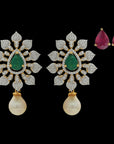 Gold  Diamond Necklace  Earrings Set with interchangeable Emeralds  Rubies Finished with Pearl Drops