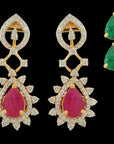 Long Diamond Earrings With Interchangable Ruby And Emerald