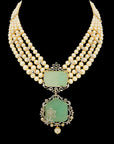 3-in-1 Changeable Natural Carved Emerald, Pearl and Diamond Choker and Pendant with Pearl Drops.