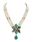 Long Pearl Emerald Diamond Necklace Earrings Set