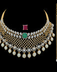 Gold  Diamond Necklace  Earrings Set with interchangeable Emeralds  Rubies Finished with Pearl Drops